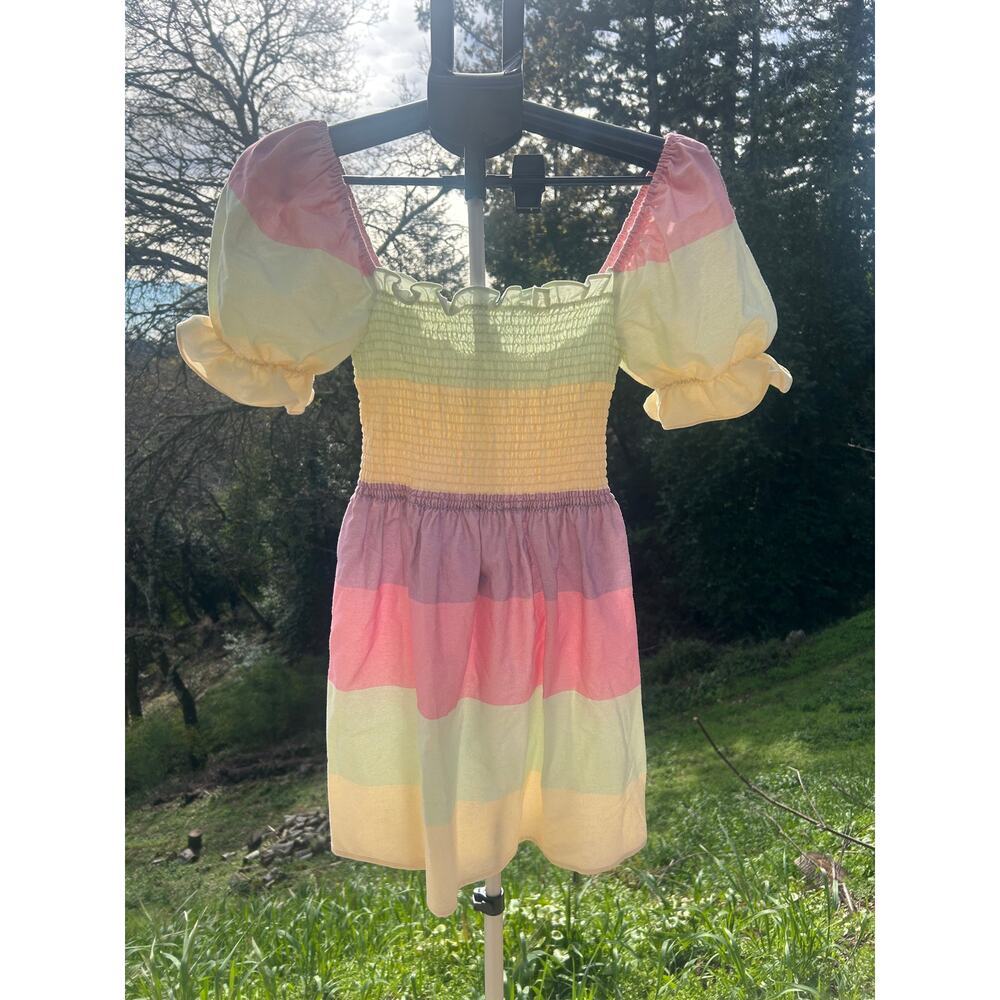 Olivia Rubin Emilie Pastel Rainbow Smocked Mini Dress 0 - Picture 2 of 5